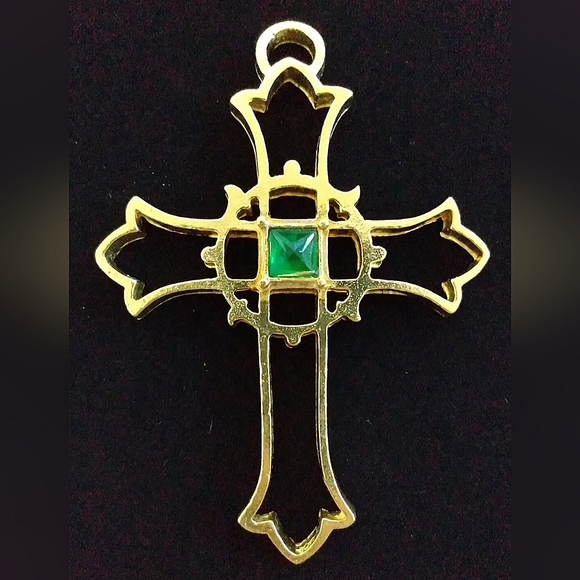 Gorham Jewelry Vintage Gorham Gold Tone Cross Pendant Emerald Green